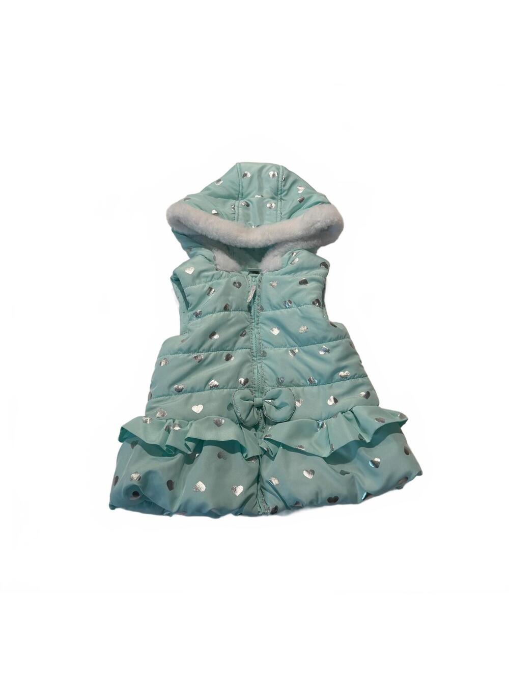 Little Me Girls Mint Green Silver Heart Puffer Vest Hooded Size 3T